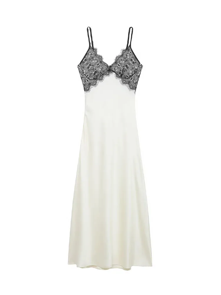 

HH Women's Summer New Fashion Simple V-neck Lace Splicing Long Skirt Female Temperament Sexy Backless Ankle-Length Sling Dress