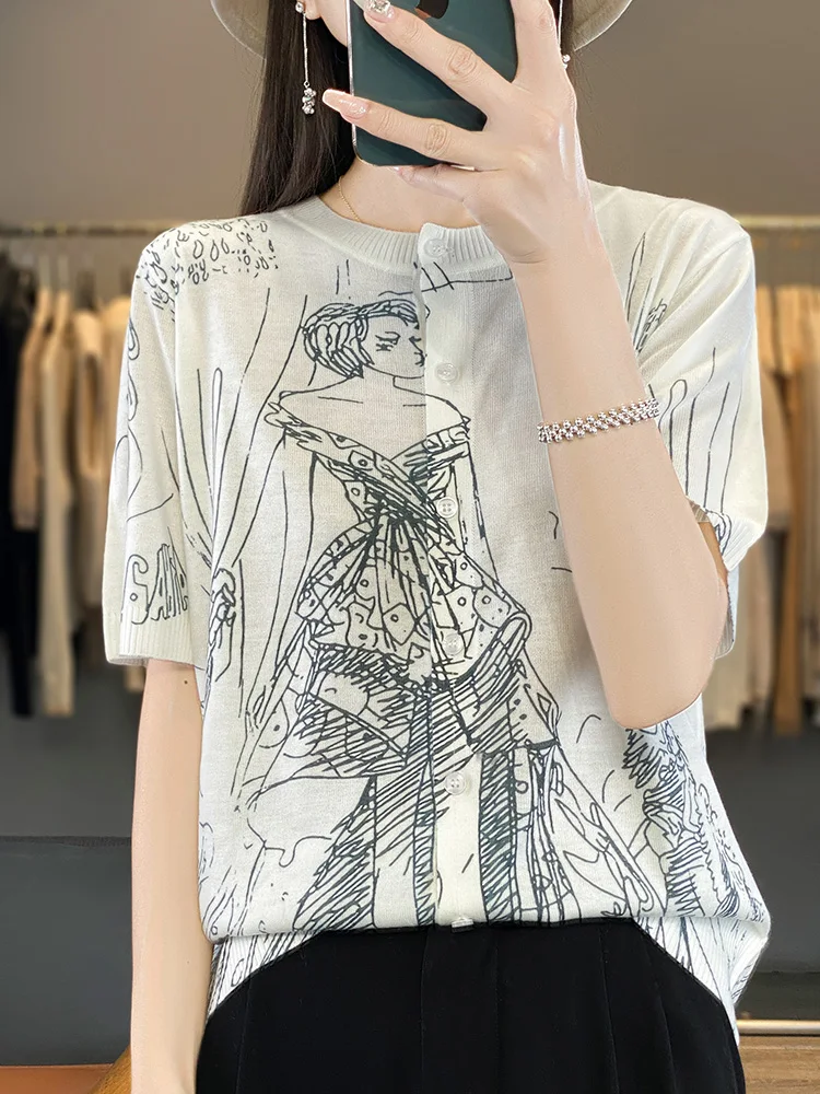 New Arrivals Women\'s T-Shirt Wool Short Sleeve Cardigan Silk O-Neck Tees Summer Printing T-Shirts High End Elegant Fashion Trend