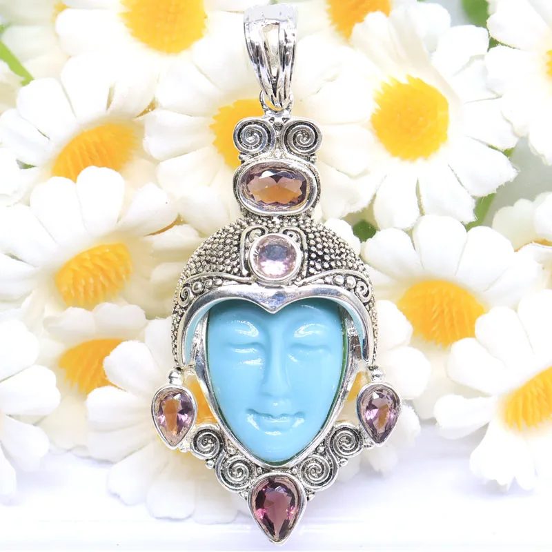 

61x27mm SheCrown Awesome Long Big 13g Egypt Goddess Face Blue Turquoise Amethyst Tourmaline Silver Pendant