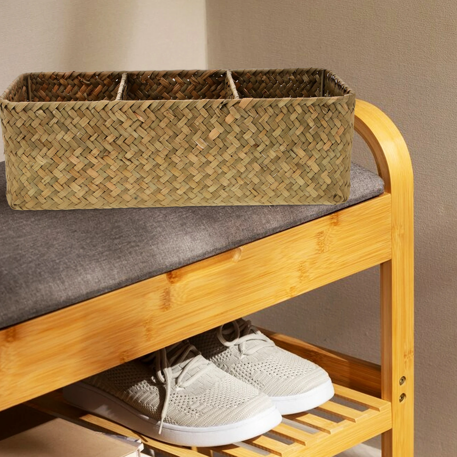 

Natural 3-Compartment Woven Seaweed Basket Home Organization Desktop Makeup Household Small Storage Box
