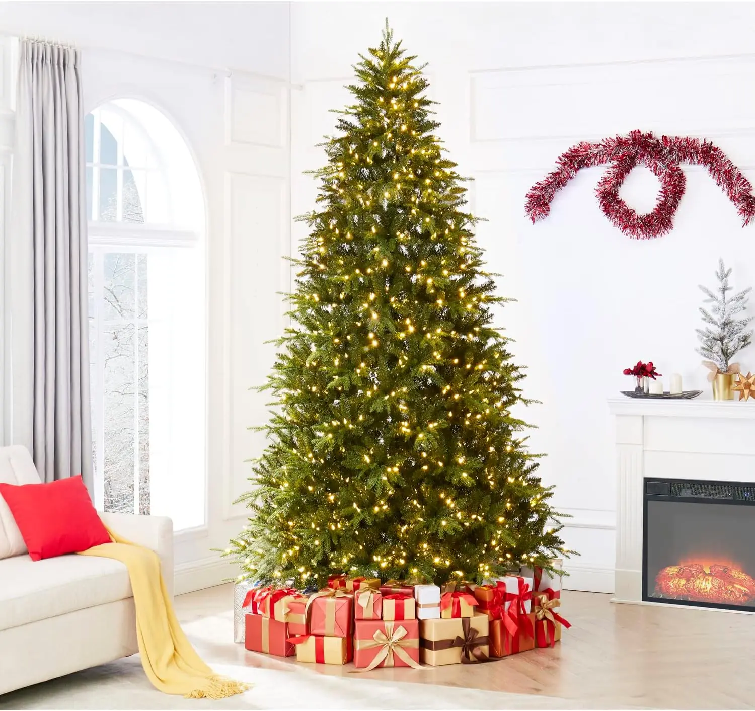 

9ft Christmas Tree with Lights, Realistic Fir Tree Prelit with 2532 Branch Tips, 900 Warm Lights and Metal Stand, Árbol