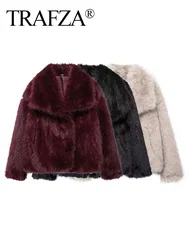 TRAFZA Winter Women Casual Faux Fur Lapel Jackets Fashion Solid Oversized Thick Coats Female Fuzzy Warm Long Sleeves Outerwear