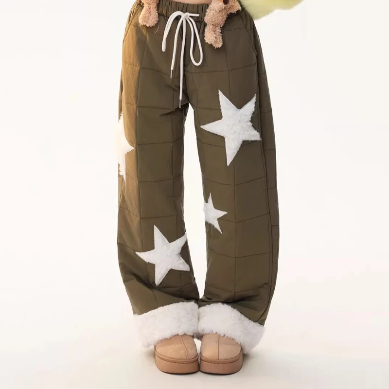 الأمريكية الرجعية رقيق الربط ستار التطريز المرأة سراويل قطنية 2025 شتاء جديد عالية الخصر عادية مستقيم بنطلون السيدات
