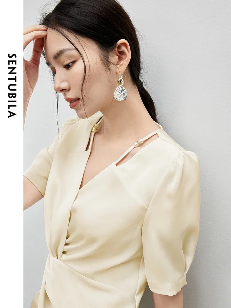 SENTUBILA Luxurious Hollow Out Blouse for Women 2024 Summer Chiffon Elegant Beading V Neck Texture Women Tops 142V54926