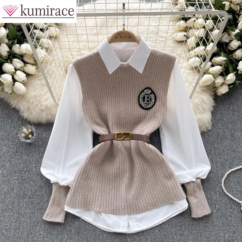 

Женская однотонная свободная рубашка с длинными рукавами и жилетом без рукавов в студенческом стиле, осень-зима 20252, комплект из двух предметов