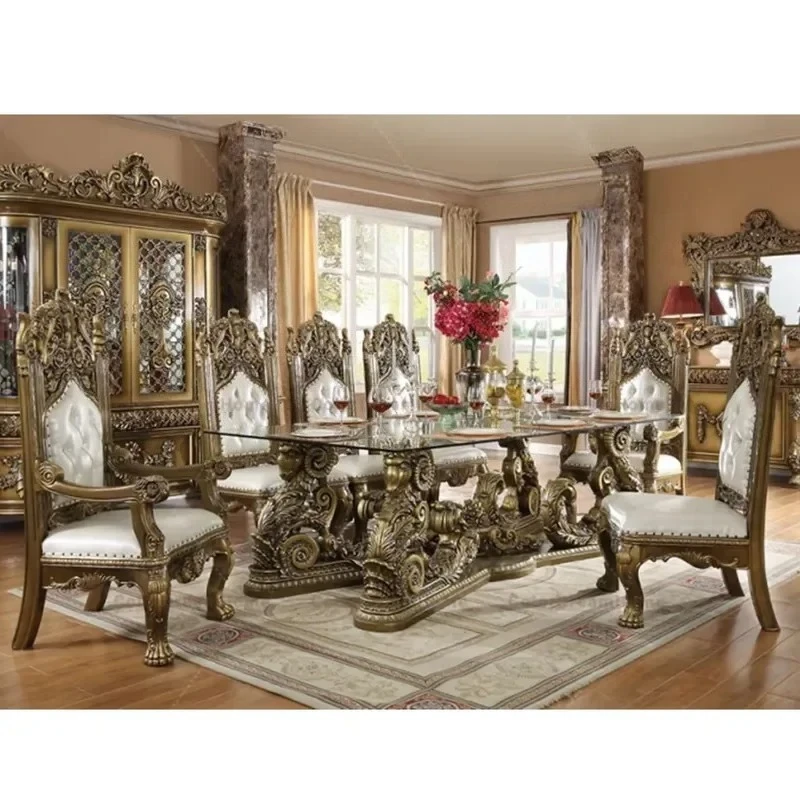#Classic Italian Style Wooden Dining Table Antique Hand Carved Glass Top