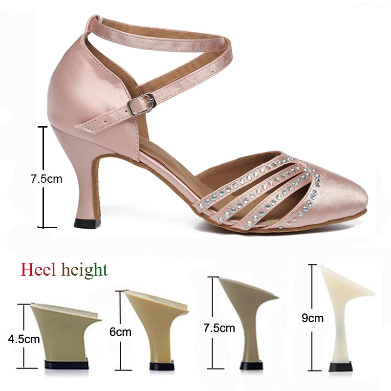 Sapatos de dança strass cetim para senhoras, tênis jazz salto alto, sapatos de dança para salsa, tango, festa de salão, rosa, meninas, casamento