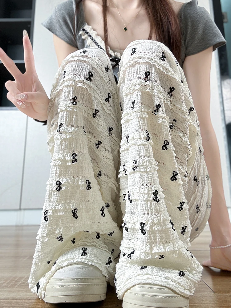 ホワイトノットワイドレッグパンツ女性の夏のアイスシルクハイウエストドレープカジュアルストレートレッグ痩身レース怠惰なストライプ...