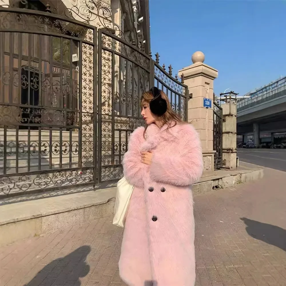 

Elegant Double Breasted Notched Collar Furry Coat Fluffy Loose Solid Luxury Pink Long Plush Coat Faux Fox Casual Faux Fur