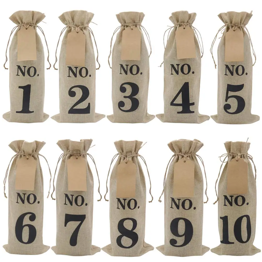 10Pcs Burlap Wine Bags with Tags for Blind Wine Tasting Numbered Hessian Cloth Glass Bottle Gift Bags for Christmas Wedding P