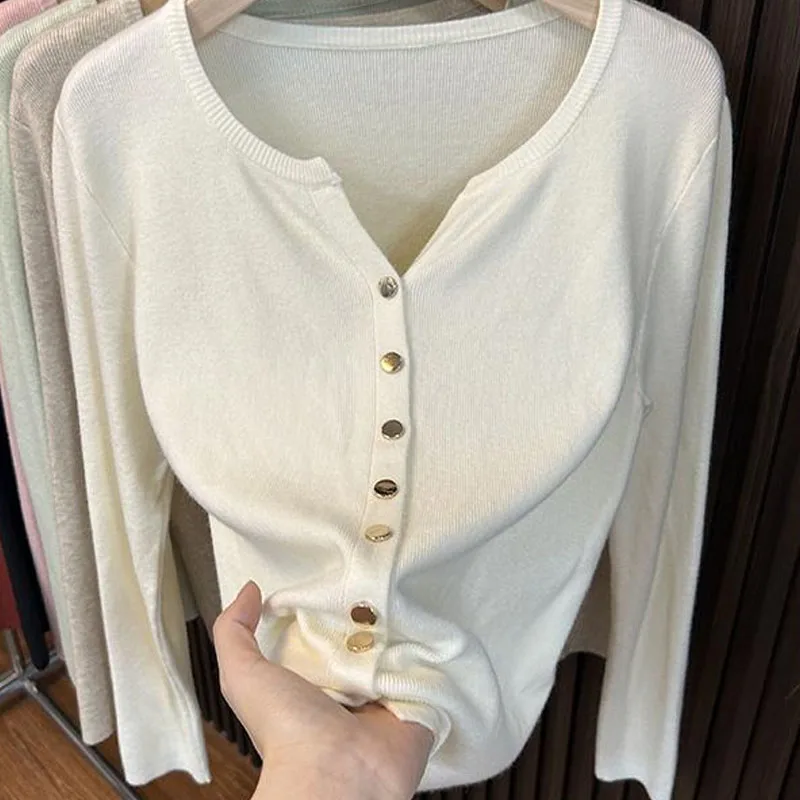 Sweter damski dziergany, kardigan, nowy, długi rękaw, okrągły dekolt, biały sweter dziergany, kardigan damski, topy, odzież dziergana, swetry damskie Q1022