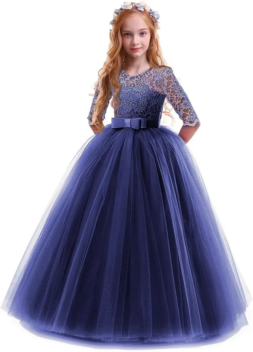 فستان فتاة الزهور 2025 ريترو دانتيل 3/4 كم طول الأرض لحفلات الزفاف فستان رسمي للرقص البيغاني