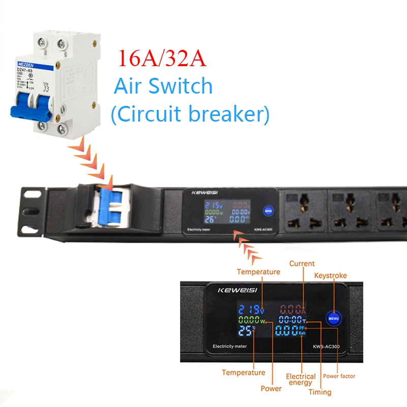 19Inch Cabinet Rack PDU Power Strip Digital Voltmeter Ammeter Wattmeter 2USB EU/US/UK C13/Universal Outlet 16/32A 4000/8000W