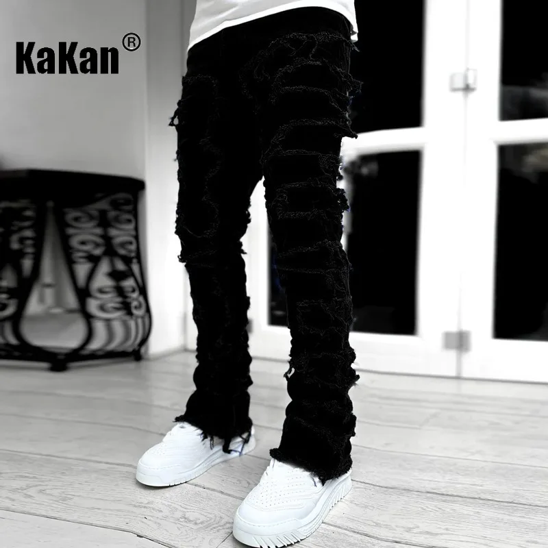 Kakan - New Men's Elastic Patch Jeans, Y2k Clothes Street Fashion Straight Leg Pants Long Jeans Jeans Man Brand