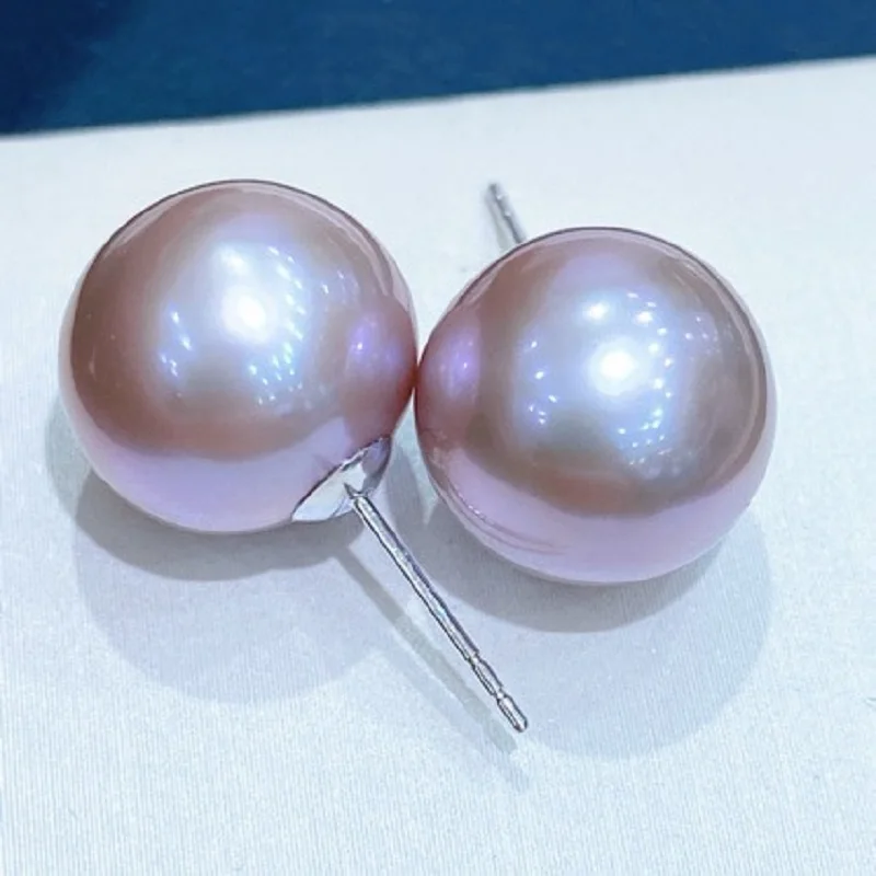 Huge 10-11mm 11-12mm 12-13mm South Sea Purple Round Pearl Earrings S925 Sterling Silver Large Particle Paired Temperament Gift