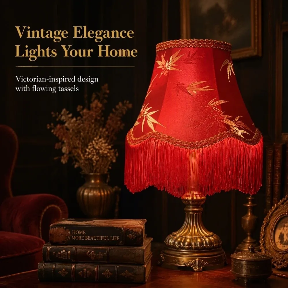 Fabric Texture Lampshade Tassels Flared Fabric Lampshade Textured Vintage Style Tassel Lamp Shade Cozy Living Room