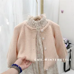 Korean Spring Autumn Children Girl 2PCS Clothes Set Solid Puff Sleeve Cardigan Sweater Turtleneck Printed Dress Baby Girl Outfit