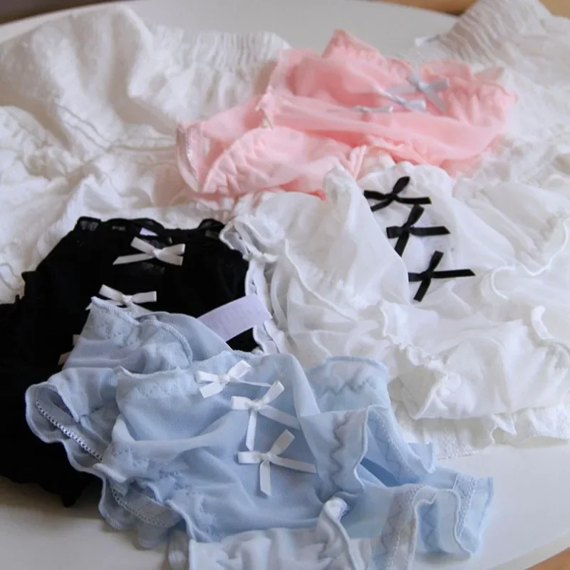 SP&CITY Japan Style Ruffle Bow Cute Underwear for Women Mid Waist Cotton Crotch Breathable Panties Soft Ice Silk Seamless Briefs