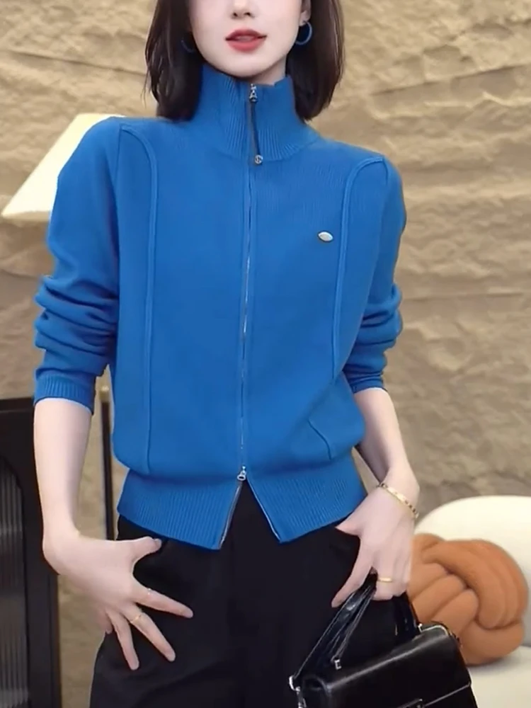 

2024 Autumn Winter ort High Collar Double Zipper Knitted Commute Korean Sle Large Size Sweater Ele Outerwear