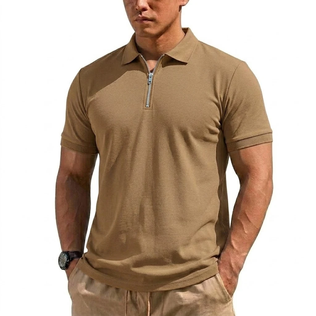 Sommer Herren Henry Shirts Gym Man Kurzarm T-Shirt Leichtes Reißverschluss-T-Shirt Koreanische Schnelltrocknende Shirts Herrenbekleidung – Detail 12