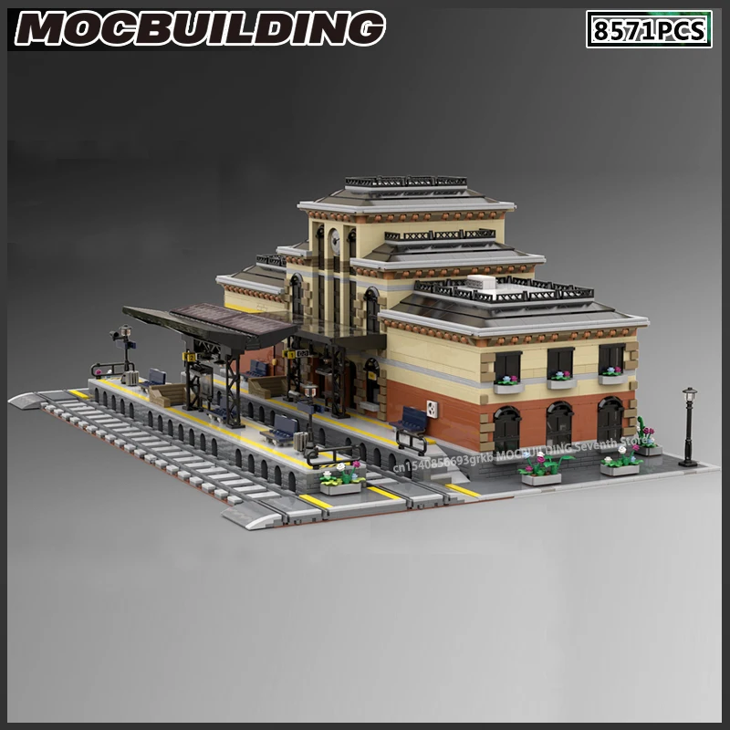 Modular Railway Station Set MOC Building Block City Cargo Train Architecture Model Technology Brick Assembly Collection Toy Gift