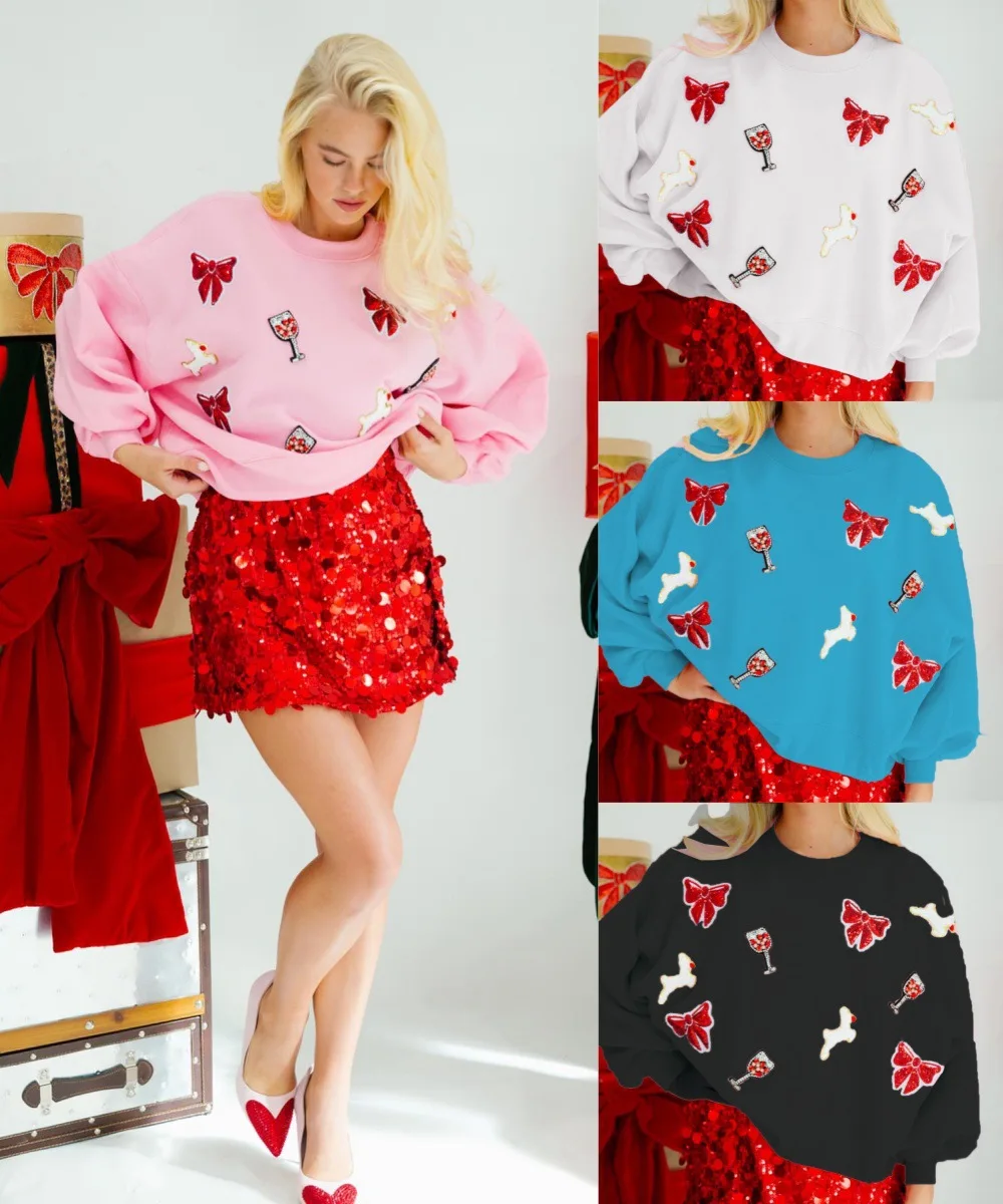 

2025 Spring Autumn Women's Tops New Year Christmas Valentine's Day Bowknot Wine Glass Sequin Tops Loose Long Sleeve Sweatshirt