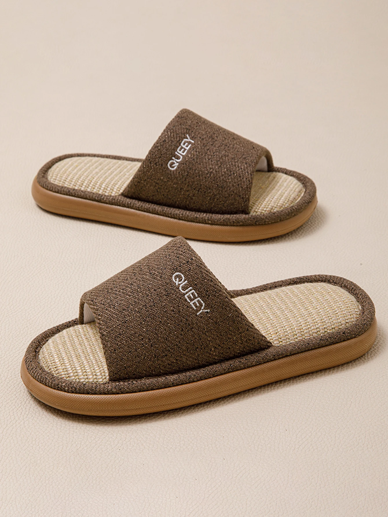 All Season Men Linen Open Toe Slides, Decorative Embroidery, Sweat Wicking Non Slip EVA Sole Silent Indoor Home Slippers