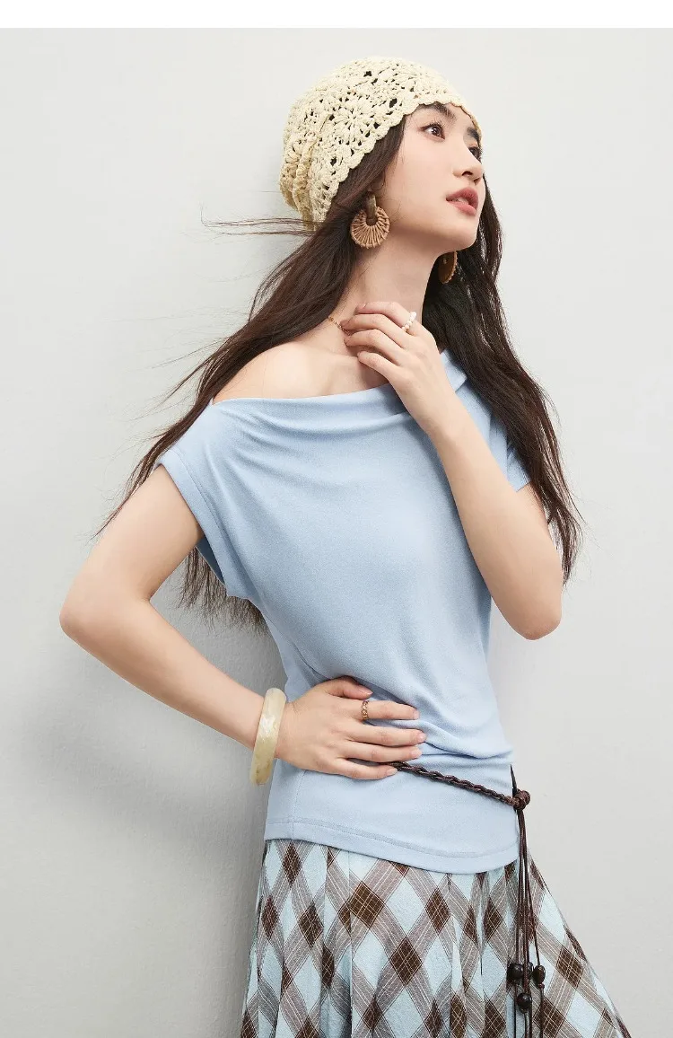 SENTUBILA Damen-Strick-T-Shirt mit Wendekragen, Frühling 2026, Weiß, minimalistisch, für den Alltag, plissiert, schmal geschnitten, Kurzarm-Oberteil 161TA4924 – Detail 25