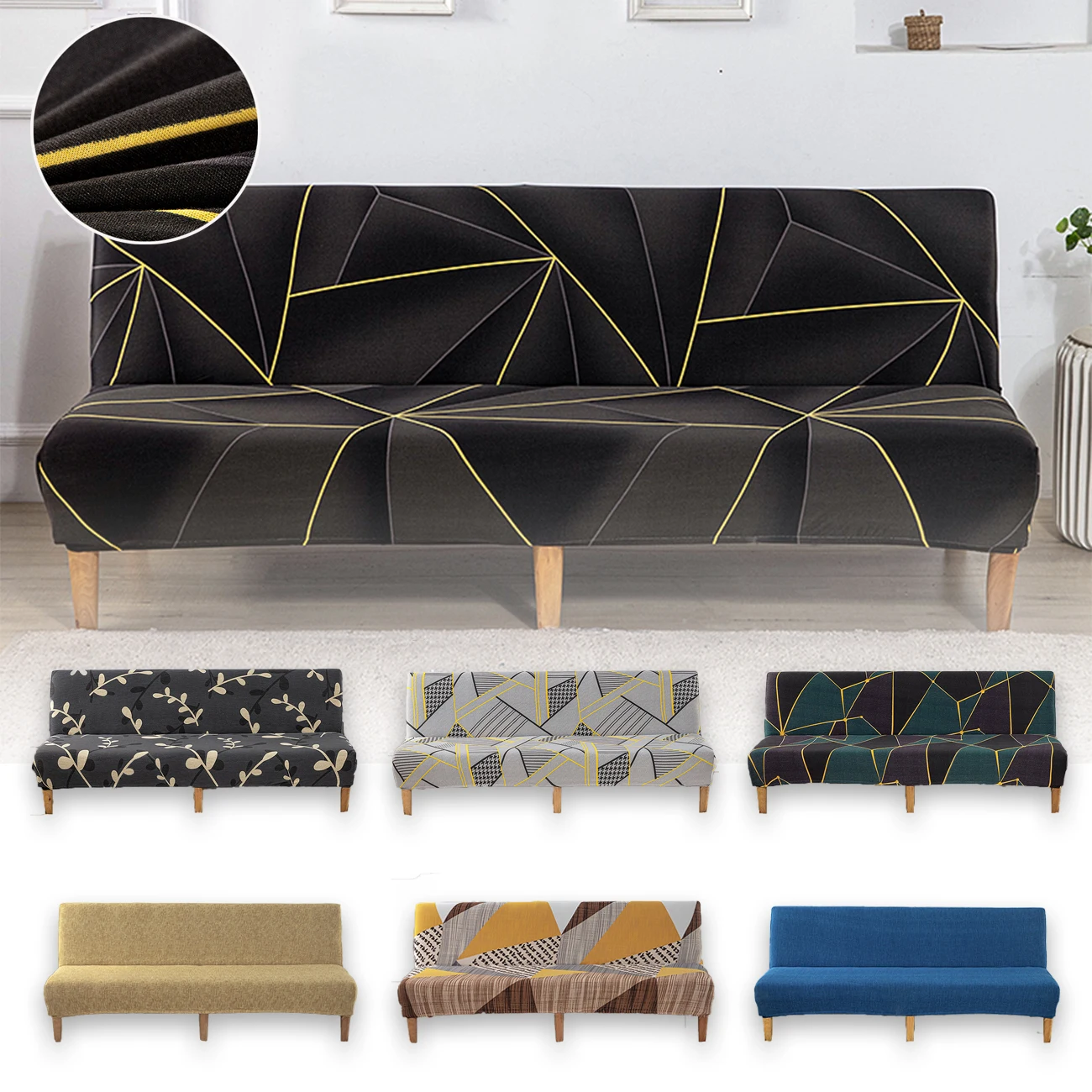 

Elastic Slip Seat Covers for Living Room, Couch Cover, Sofa Set, Furniture Cushions, Geometric, Black, Yellow