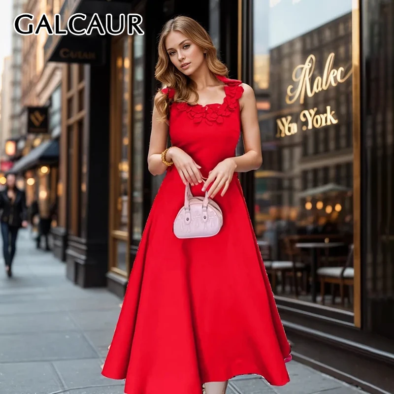 

GALCAUR Spliced Appliques Red Women Dress O Neck Sleeveless High Waist Tunic Solid Pleated Fashion Summer Maxi Dress Female New