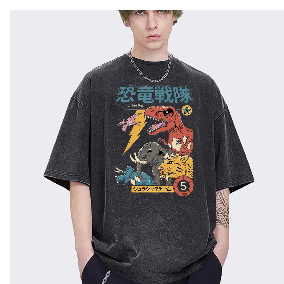 D-Dinosaur Squad Cartoon Art Street Tyrannosaurus Rex Harajuku Oversized men t-shirt Fashion Casual Vintage Washed Cotton Unisex