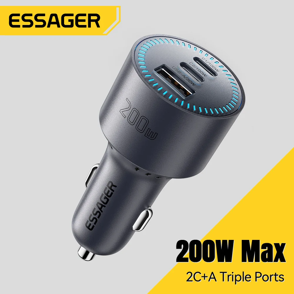 Carregador Veicular Essager 200W com Quick Charge 4.0 PPS PD 100W Porta USB-C de Carregamento Rápido para MacBook iPhone 17 16 Samsung S25