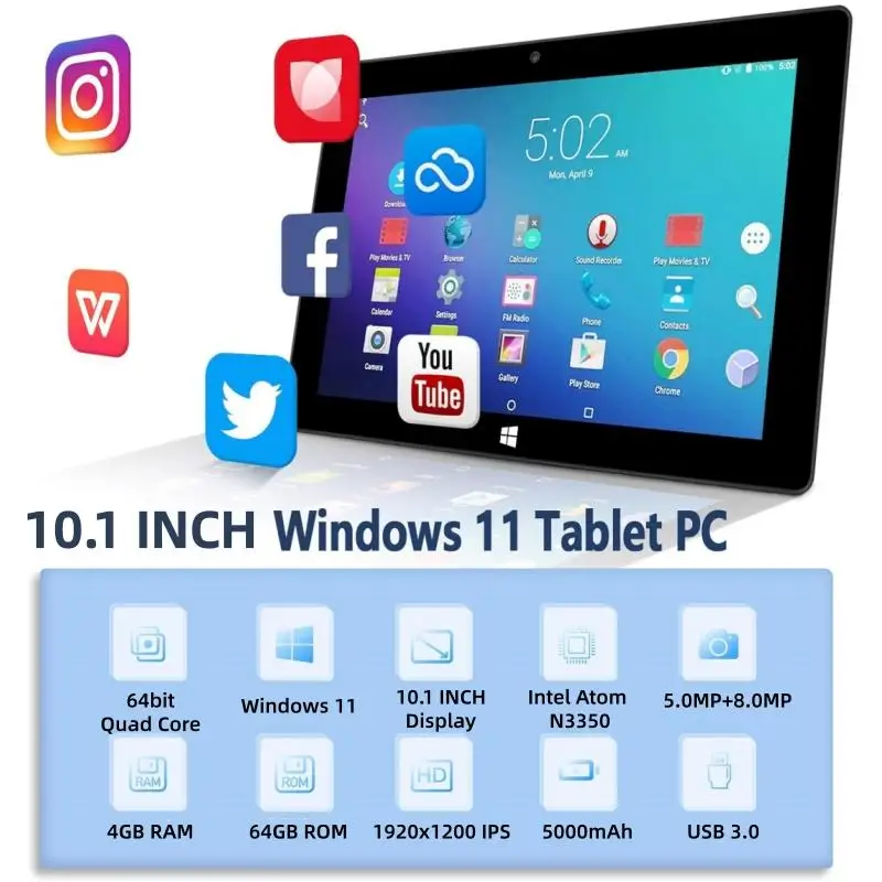 

AR40 10.1" Windows 11 Tablet PC Intel Atom N3350 CPU 4GB RAM 64GB ROM 1920 x 1200 IPS Resolution WIFI Dual Camear 1*USB 3.0 Port
