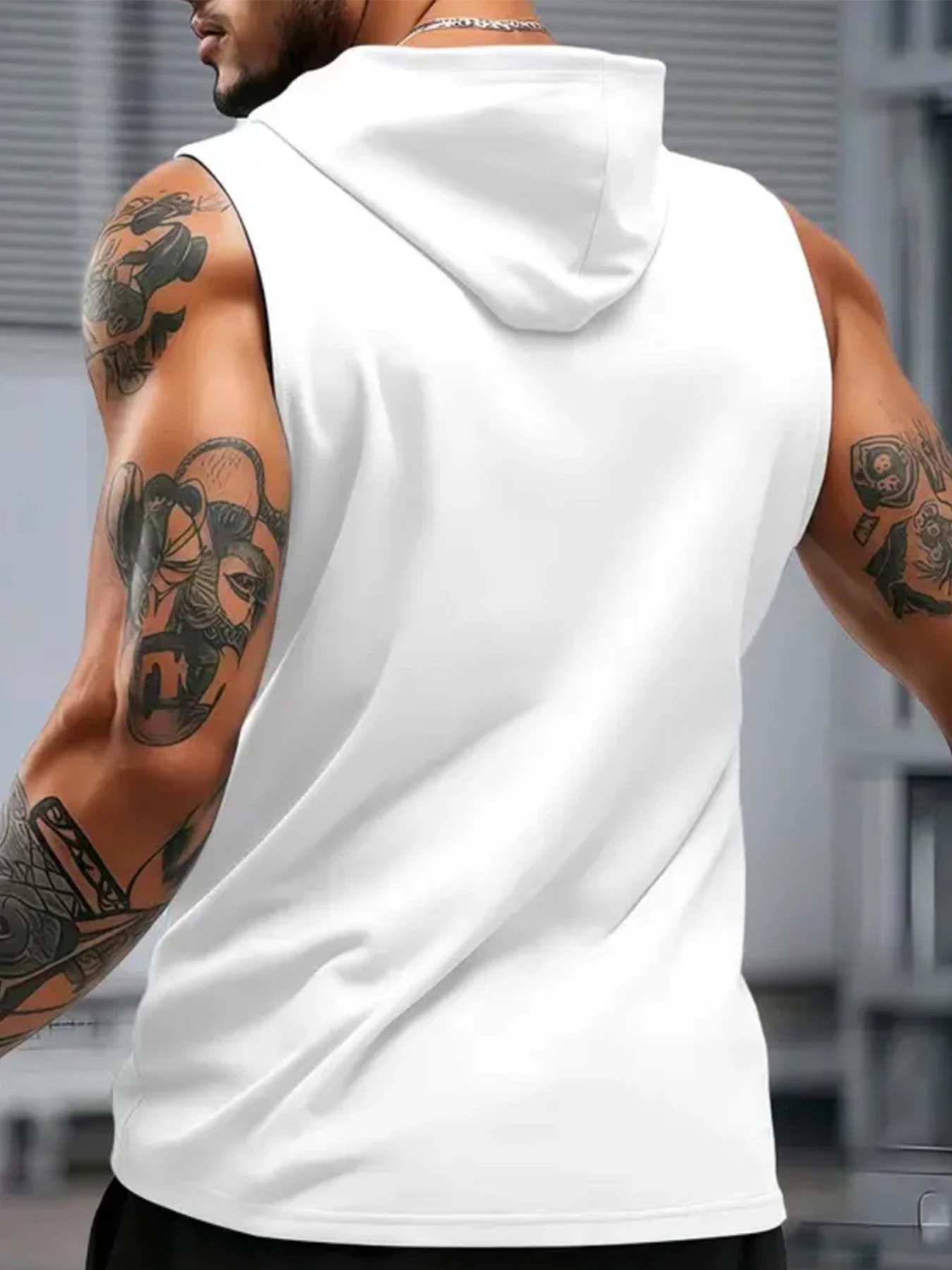 2026 Sommer Herren Einfarbig Weiße Ärmellose Kapuzenweste, Polyester Fitness-Workout Kapuzen-Tanktop mit Kängurutasche – Detail 6