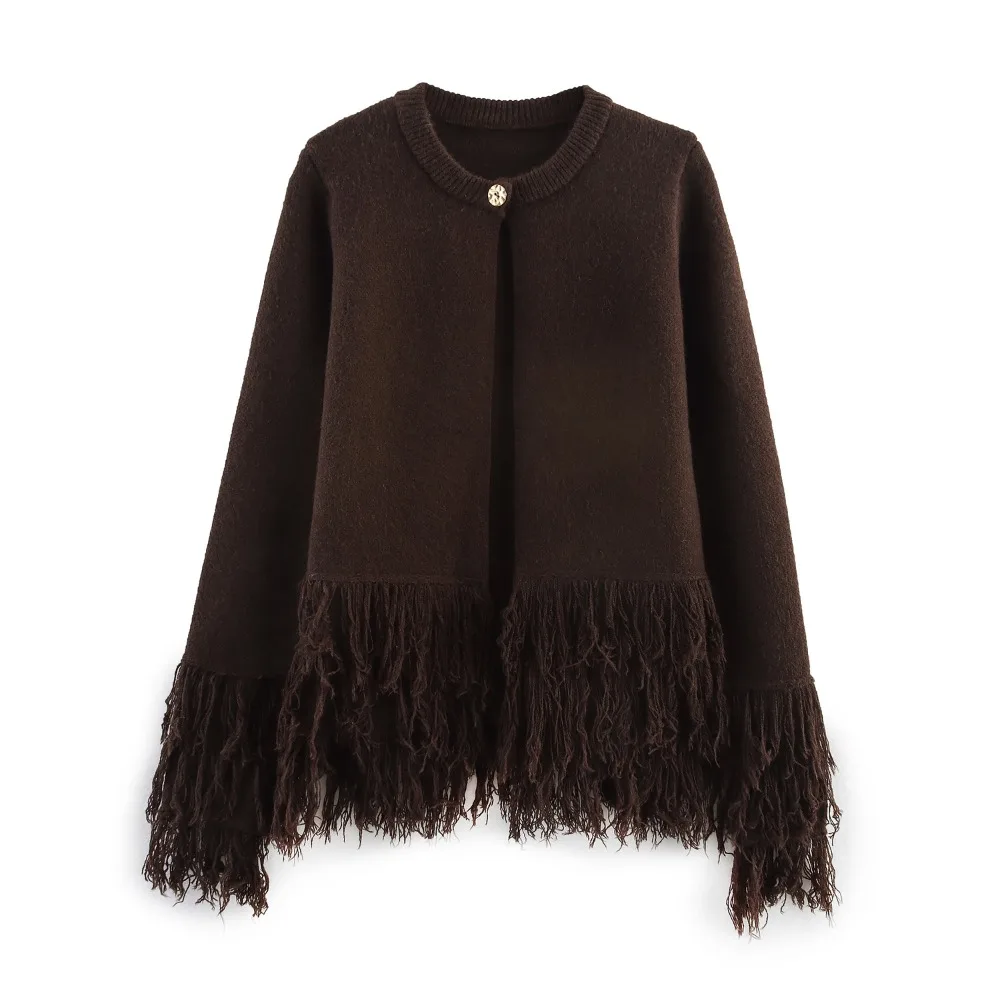 

Autumn Cardigan For Women Brown Cozy Tasseled Sweater Woman Knitted Sweater Elegant Cardigans Knitwear Coat Outerwears