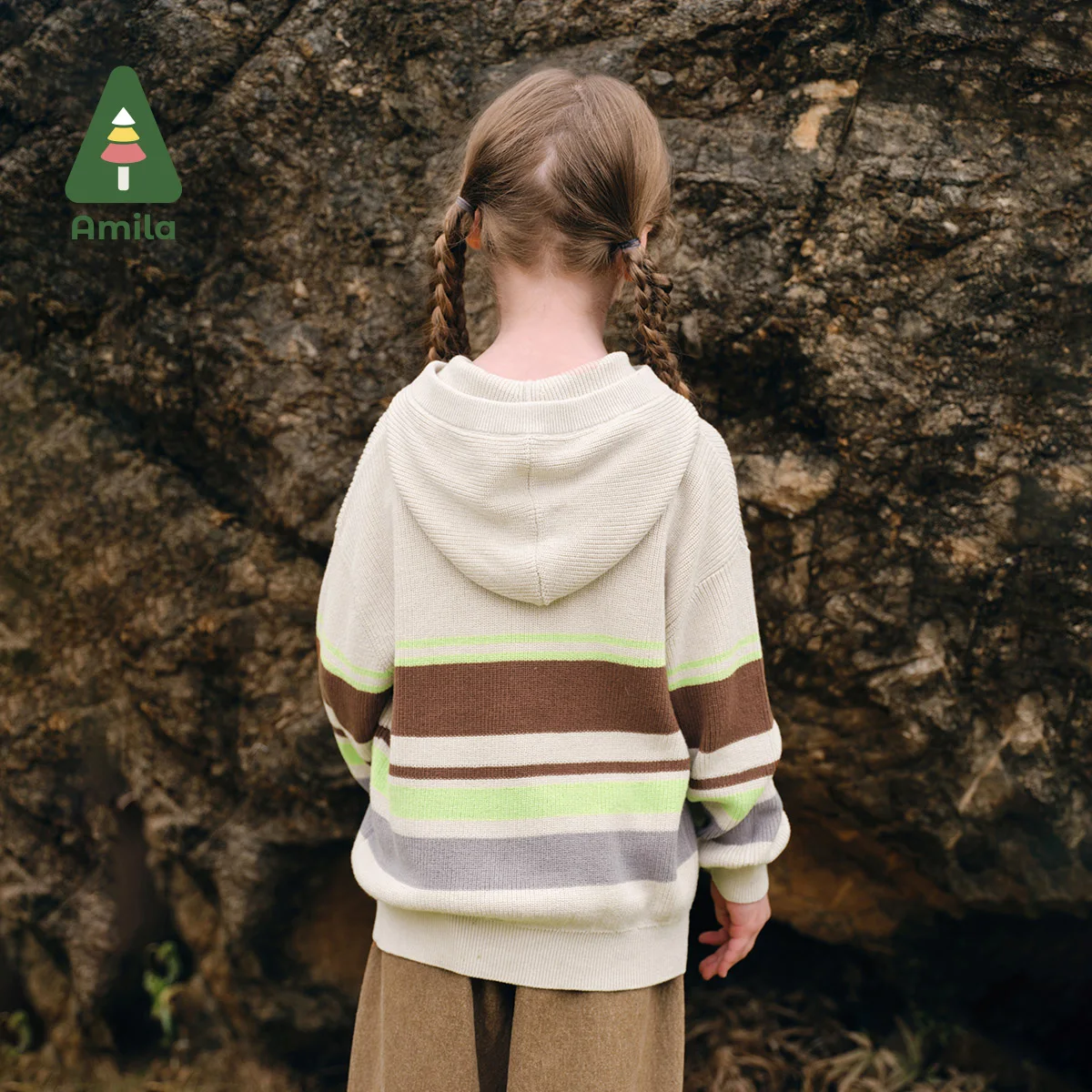 Amila Children’s Sweater 2024 Autumn New Girls Lapel Stripes Light Warm Simple And Versatile Dropped Shoulders Loose Pullover