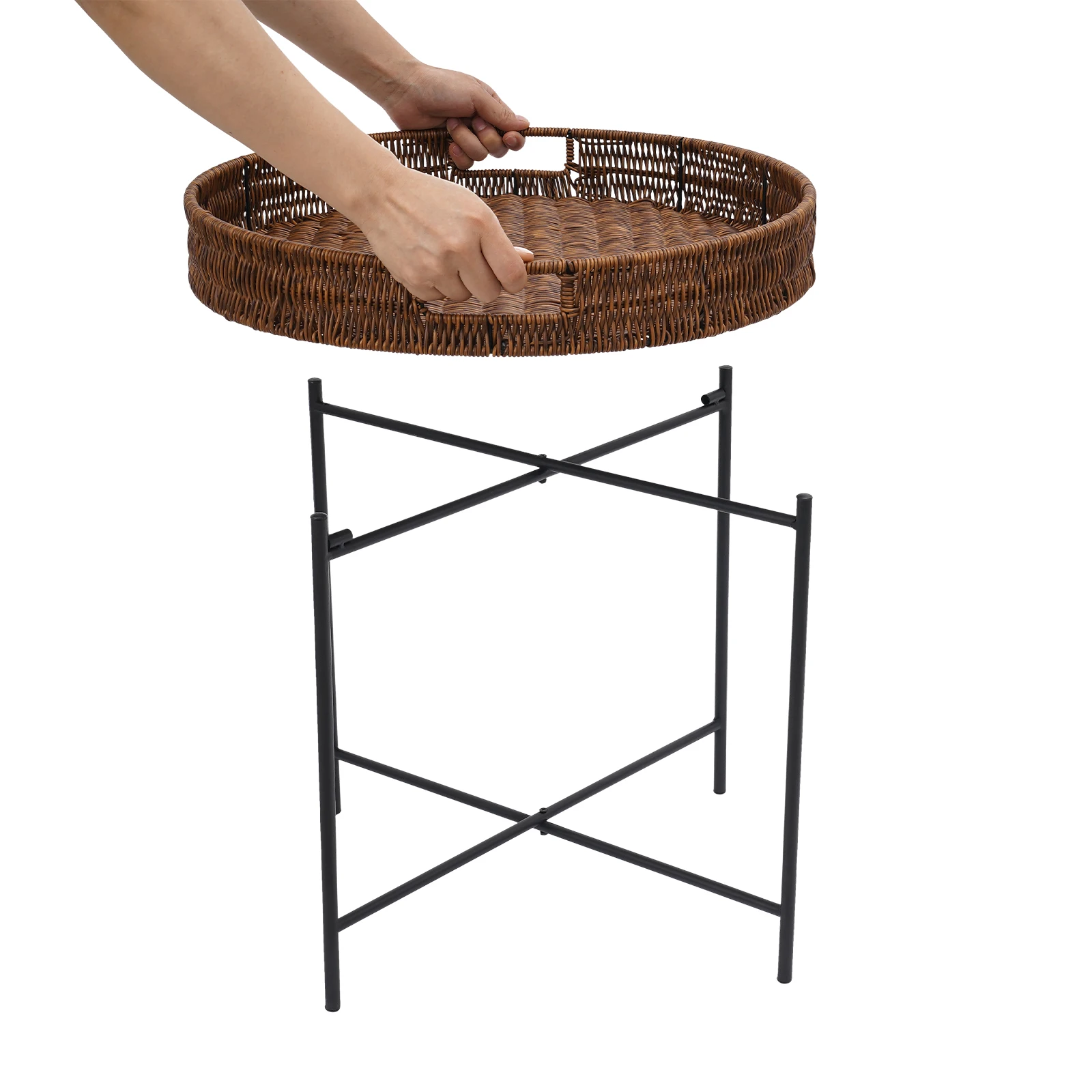 Foldable Braided Round Side Table, Coffee Table with Removable Tray, Imitation Rattan End Table