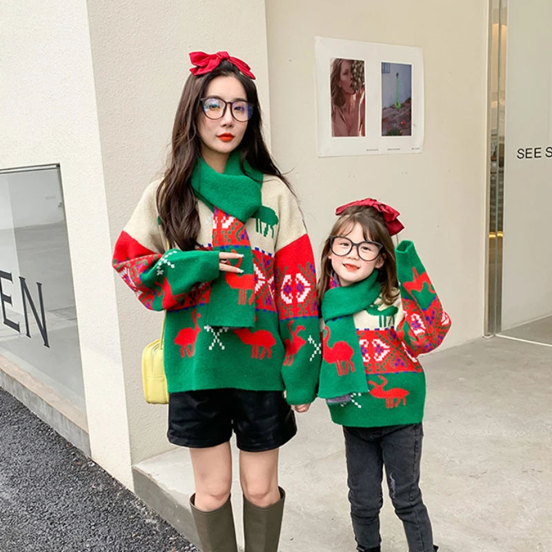 Christmas 2023 News Mother Daughter Sweater Mom And Baby Girl Boy Matching Clothes Autumn Winter Women Children Knit Tops Scarf