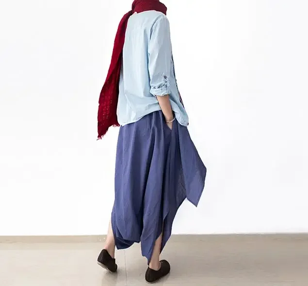 2017 جديد إمرأة بنطال ذو قصة أرجل واسعة فضفاضة القطن الكتان غير المتماثلة السراويل النمط الأصلي حجم كبير Capris مطاط الخصر فضفاض بنطلون