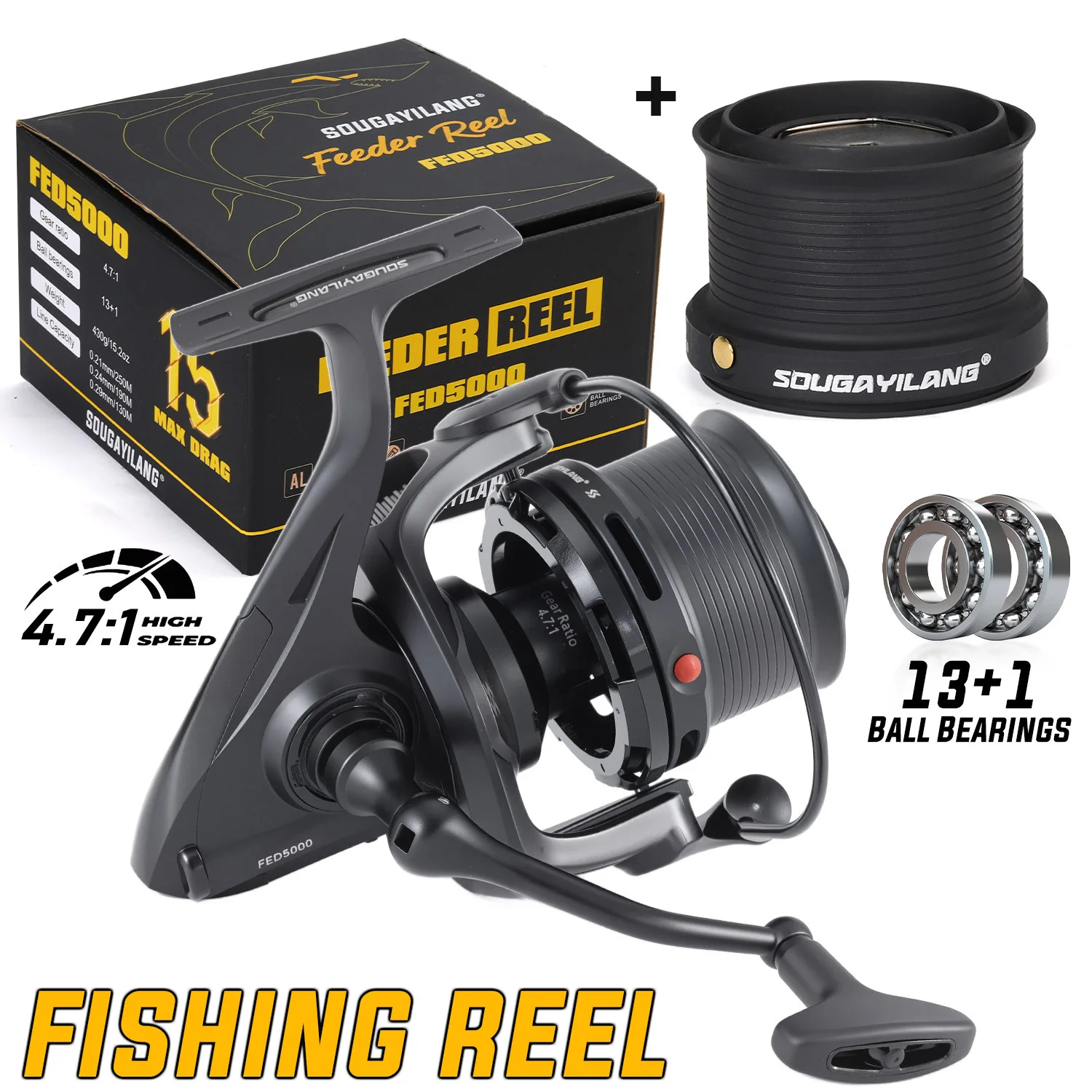 Sougayilang Professionelle Feeder-Rolle mit Vollmetallgehäuse, Doppelspulen, 4,7:1 Übersetzungsverhältnis, 15KG Max. Bremskraft, für Ufer- und Salzwasser, Universell Einsetzbar – Detail 1