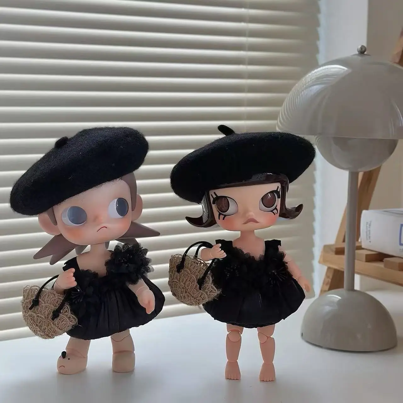 Black Set Doll Clothes For Molly Zsiga 1/8 Action Figure Ruffle Dress Berets Wool Beret Mini Burlap Bag Dress Up Fashion Outfit