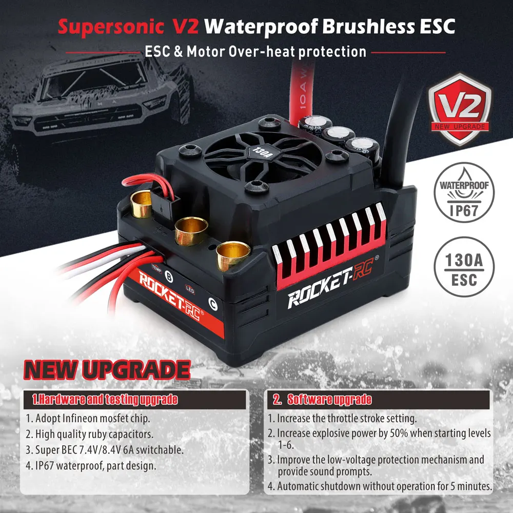 ROCKET RC Supersonic V2 4268 4274 4282 4292 Brushless Motor Temp/Sensor port and 130A 160A ESC Combo for 1/8 1/7 RC Car RC Parts