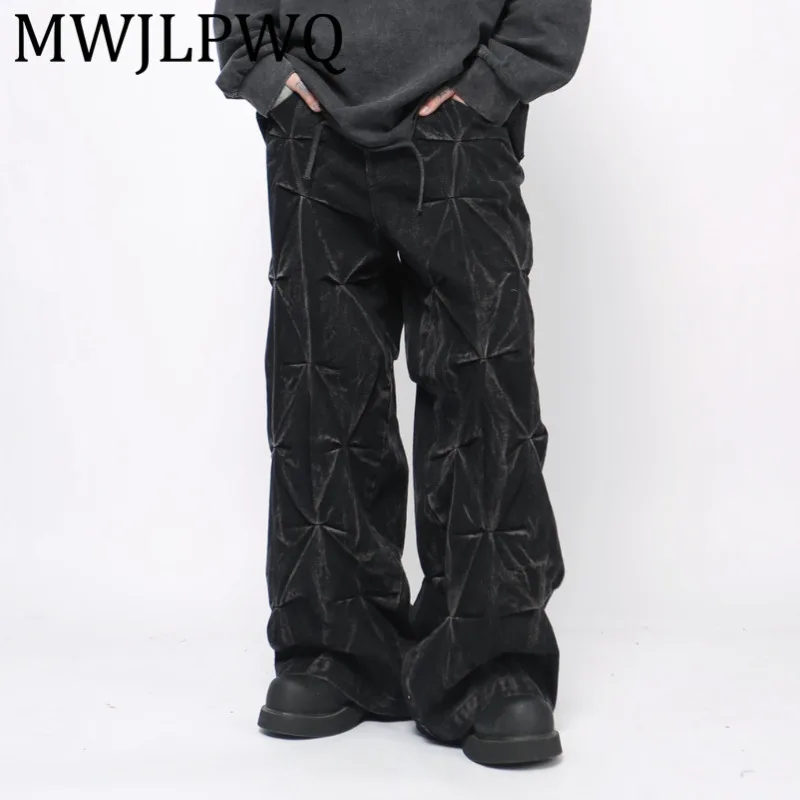 

MWJLPWQ American Style Design Pleated Tie-Dye Vintage Jeans Men's Trendy Wide-Leg Straight Loose High Street Long Pants 21087