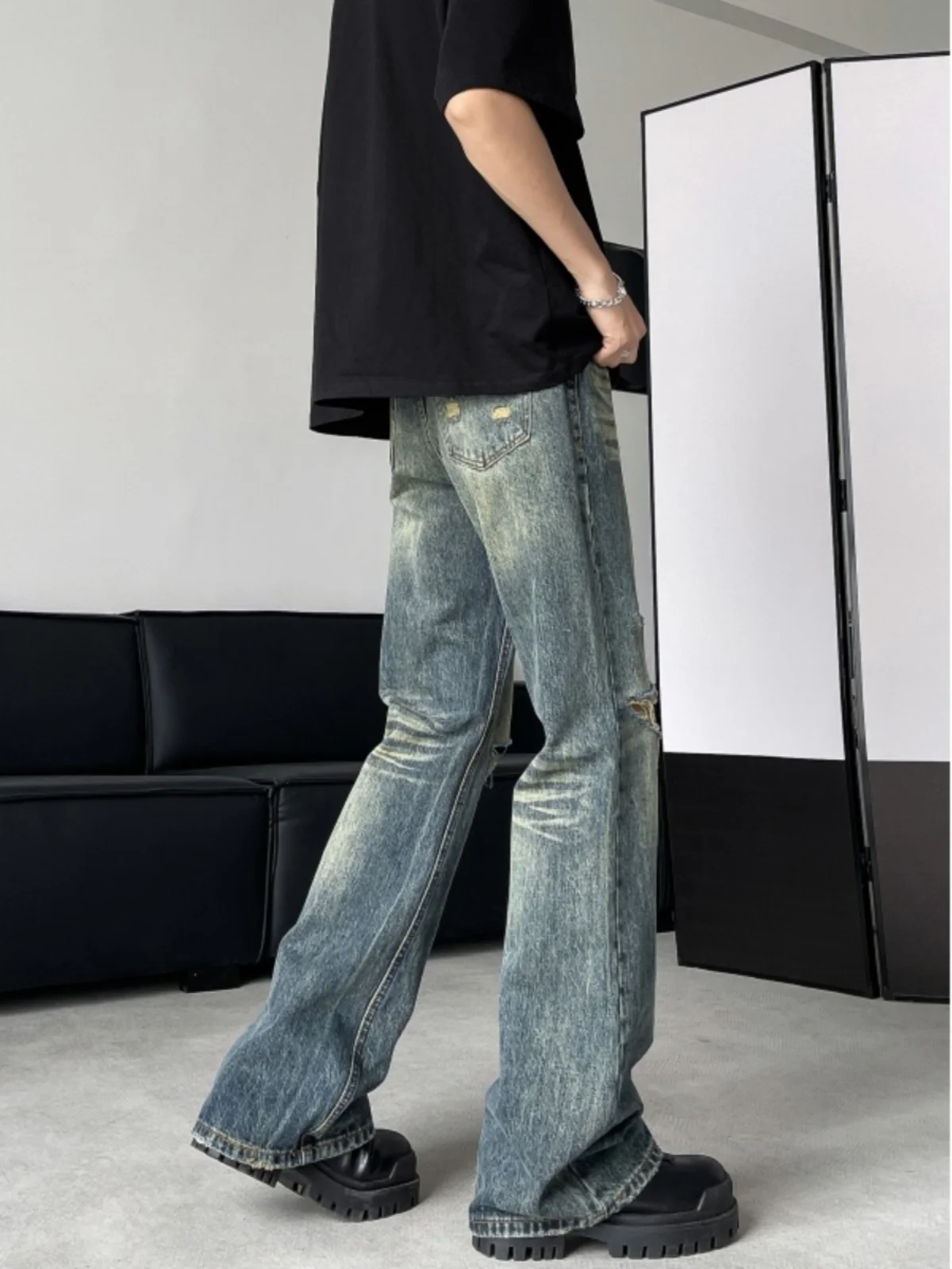 Retro American Hole Denim Jeans Men Summer Thin Micro Flare Straight Leg Long Pants Men's Fashion High-End Feelings Pants