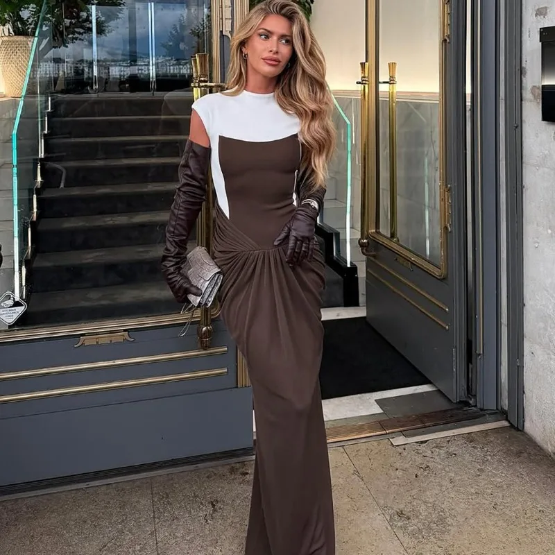 

Talenza Fashion Contrast Long Dress Women's Sexy Sleeveless Ruffled Patchwork High-Waisted Dress New Female Party Evening Dress