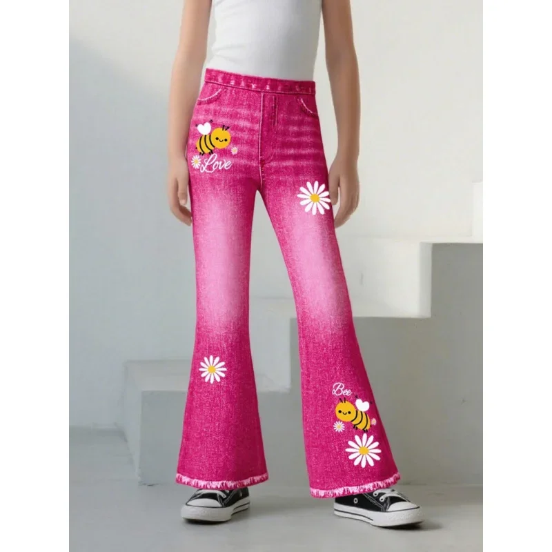 

2025 Girls Cute Pink - Bee and Daisy Print - Casual Everyday Versatile Faux Denim Bell Pants
