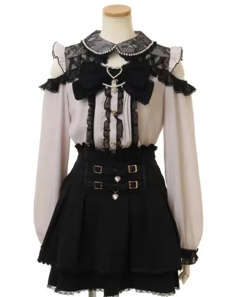 

Cute Style Long Sleeve Lace Shoulder Bared High Length Slimming Bowknot Sweet Heart Japanese Style Shirt for Women