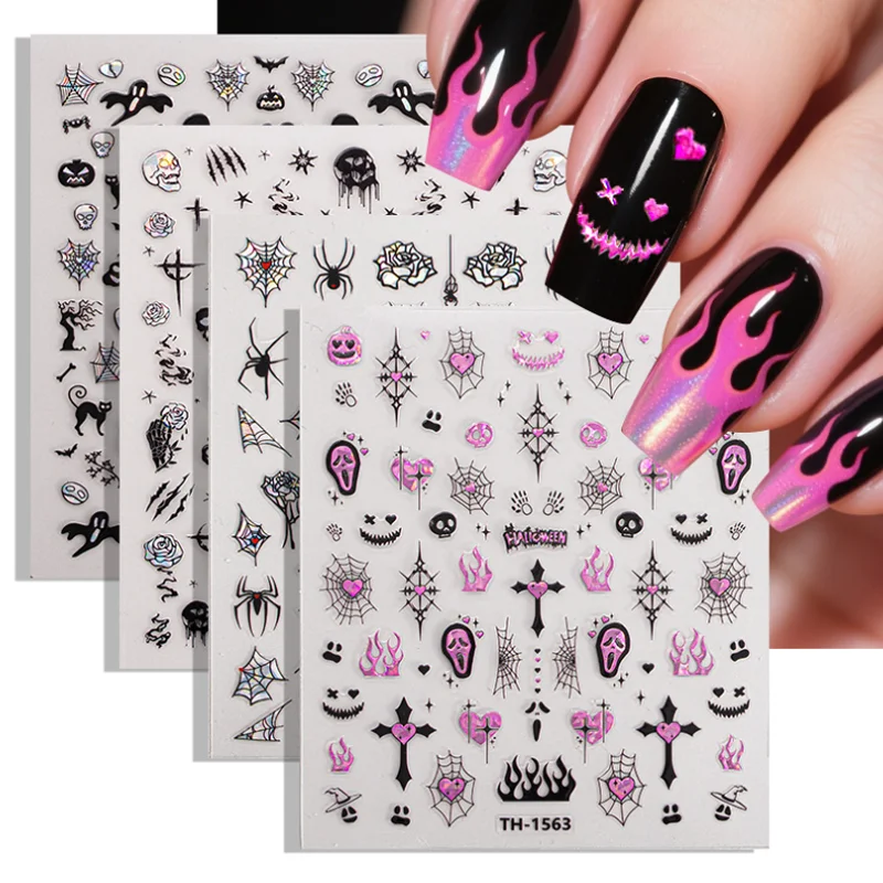 Halloween ongles autocollants bricolage squelette foncé araignée adhésif Laser ongles décalcomanies manucure Nail Art décoration Uñas Postizas Ofertas