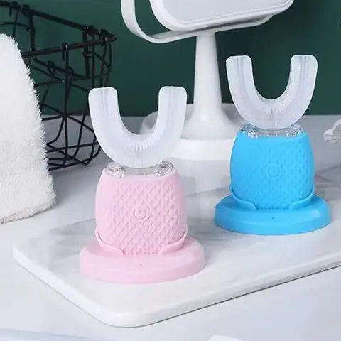 성인용 자동 전기 음파 칫솔, U 타입 스마트 실리콘 칫솔, USB 충전 치아 미백, 블루 라이트, 360 도