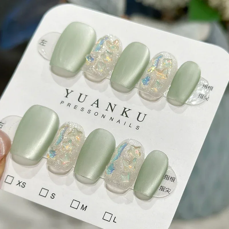 

10pcs Handmade Green Gradient Fake Nails Short Square False Nails with Water Diamond Summer Cat's Eye Nails for Women and Girls